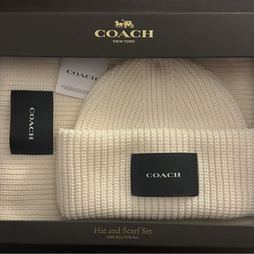 Coach Ivory Knit Hat and Scarf Set